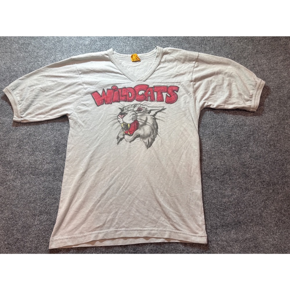 Vintage T-Plus Wildcats Airbrushed Graphic V-Neck T-Shirt Gray Made in USA Med